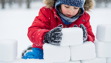 Child building snow fort outside in winter wearing a red jacket  