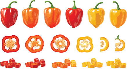 Detailed vector set featuring red, orange, and yellow habanero peppers including whole fruits, cross-section slices with seeds, and chopped pieces for spicy culinary designs.