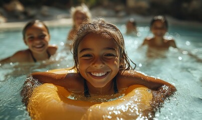 group of diverse kids enjoying a safe and fun activity in a swimming pool. A joyful moment representing childhood, outdoor adventures, the importance of safe recreational activities, Generative AI