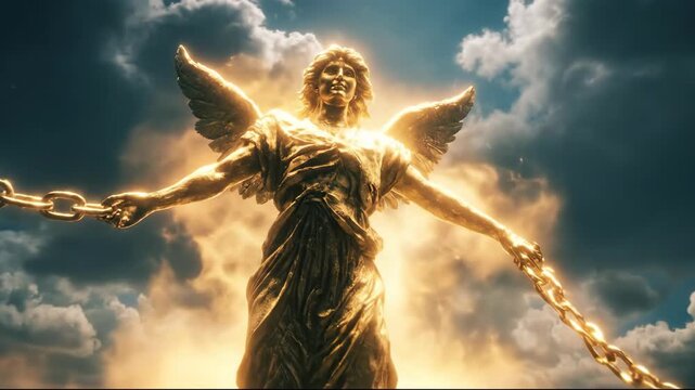 Winged angel woman statue holding golden chain in glowing sky. Spiritual freedom and divine power concept. Fighting evil.