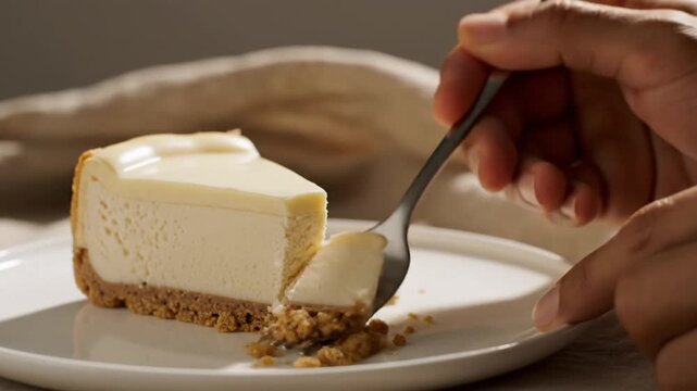 Delicious creamy cheesecake slice being eaten with a fork, showing the rich texture and crumbly crust.