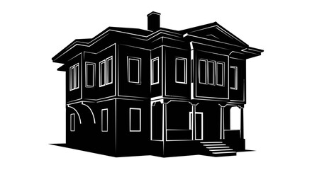 A silhouette of a traditional two-story house with a prominent roof and entrance steps.