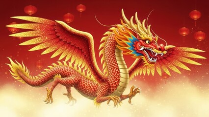 Obraz premium Golden Red Chinese Dragon Illustration with Lanterns.
