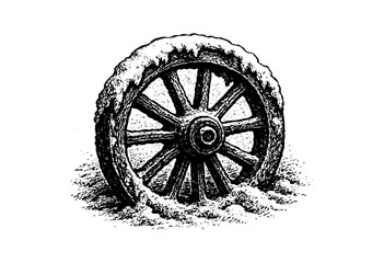 Fototapeta premium A vintage wooden wagon wheel is partially buried in snow, rendered in a stark black and white graphic style, evoking a sense of historical resilience.