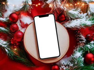 Christmas smartphone mockup with red ornaments snowy fir branches and lights