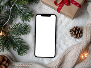 Christmas smartphone mockup with fir branches gifts and cozy winter decor