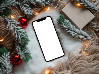Christmas smartphone mockup with snowy fir branches cozy fabric and gifts