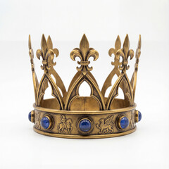 A vintage golden crown with blue gems and fleur-de-lis details. This royal medieval headdress for a king or queen is isolated on a white background.