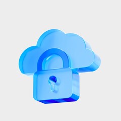 3D Glass Cloud Lock Icon, Secure Cloud Storage and Data Protection Concept. Liquid Glass design icon, a trending glass icon for graphic design, UI, UX interfaces, and 3D illustration.