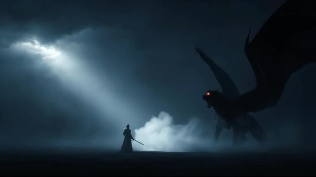 Man with sword confronts flying beast in dramatic battle sequence under cloudy sky with light rays, a concept of struggle and evil forces