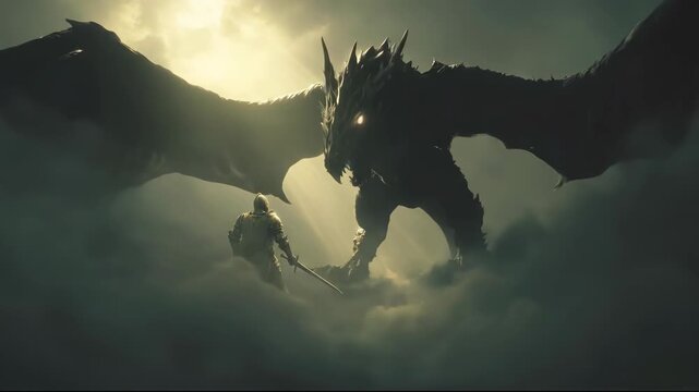 Knight confronting a roaring dragon in a cloudy, light-filled sky. Fantasy battle scene with hero and monster.
