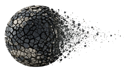 Mosaic ball shattering into pieces isolated on a transparent background explosion