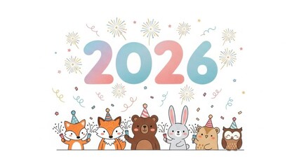 Fototapeta premium Cute Hand Drawn Woodland Animals Celebrating New Year 2026. Happy Holidays Vector Illustration.