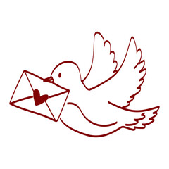 Bird carries letter with heart symbol in its beak during a bright day symbolizing affection and connection. Valentine's Day concept.