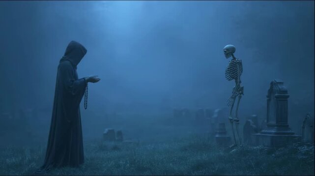 Person in black robe with rosary praying in misty graveyard with skeleton. Battle between good and evil, spiritual darkness.