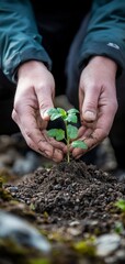 seedling growing in ecology with a person's hands in the soil, symbolizing environmental responsibility and sustainable agricultural practices. The focus is on eco-friendly farming, Generative AI