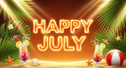 Happy july neon sign with tropical cocktails and beach background illustration