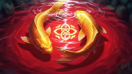 Two golden koi fish swimming around a red circular symbol.