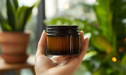 Close-up of a hand holding a jar of skincare moisturizer. A focus on beauty, hygiene, and self-care with emphasis on the product's quality and benefits, Generative AI