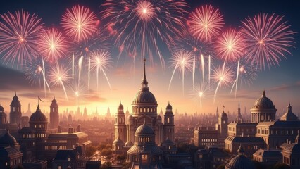 Obraz premium Fireworks over a historic domed cathedral and city skyline at sunset.