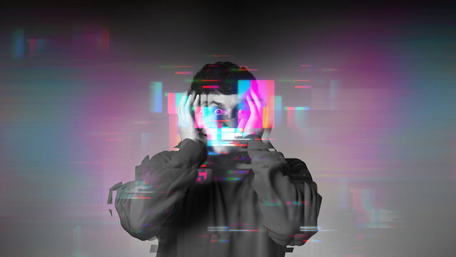 Surreal portrait of man with glitch distortion over face. Concept of mental breakdown, sensory overload, anxiety disorder, digital stress and information pressure.