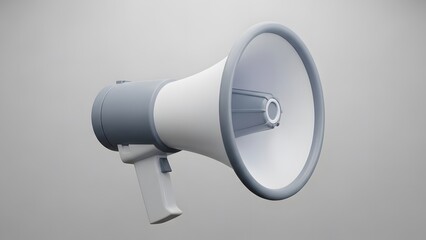 A white and gray handheld megaphone on a plain background