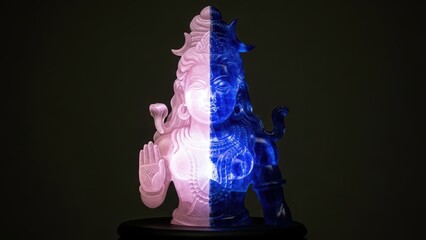 Decorative statue illuminated by split pink and blue neon lighting.