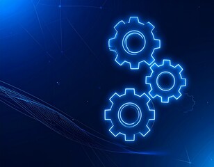 Three glowing blue gear icons on a dark blue digital background, symbolizing technology, process, and engineering concepts.