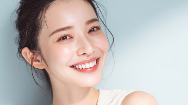 笑顔できらめく綺麗な肌と白い歯を見せる日本人女性美人モデルの接写写真。オーラルケア、スキンケア、コスメ広告用。