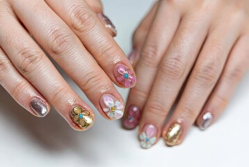 Manicured hands displaying intricate 3D flower and metallic nail art on