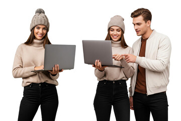 man and woman holding laptop isolated on white
