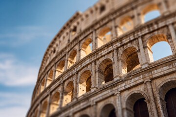 Fototapeta premium Ancient amphitheater structure facade features tiered arches against a bright blue sky