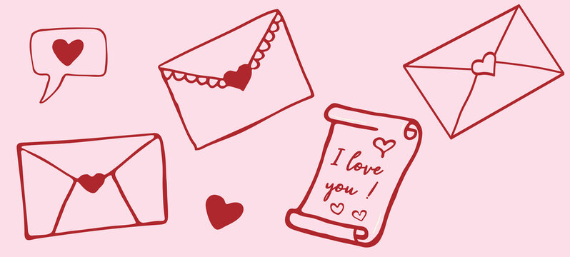 Vector set of hand drawn envelopes and a scroll with "I love you" text and hearts. Cute pink doodle style for romantic messages, weddings, and greeting card designs.