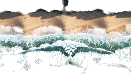 Ocean waves crashing on sandy beach shore isolated on a transparent background