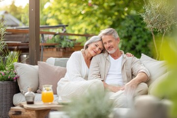 Golden hour comfort: mature couple relaxing on a plush outdoor sofa in a sunlit garden