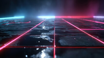 Futuristic Neon Grid with Reflections and Dramatic Light Effects