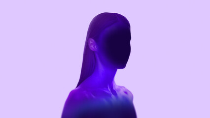 Minimal design of faceless female figure in purple light. Concept of emotional numbness, identity blur, dissociation, detachment from feelings and mental health awareness.