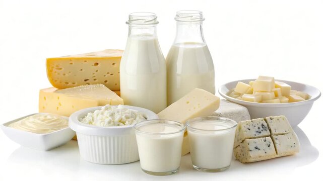 fresh dairy products isolated on white background video orbit left