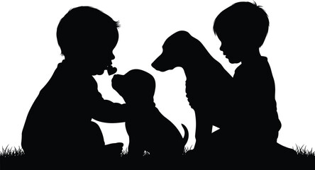 Children with puppy silhouette illustration, childhood friendship and pet bonding concept, love, care, innocence, companionship, outdoor play, family lifestyle and emotional connection artwork