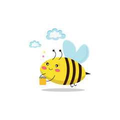 A happy bee flies in the clouds