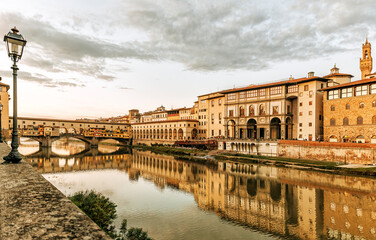 Ponte Vecchio and Arno river at sunset, Florence.