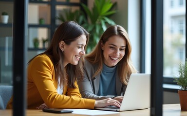 Professional collaboration in comfy environment. Happy smiling pair of diverse businesspeople startup developers project creators work together in glass cabin of modern coworking area using notebook