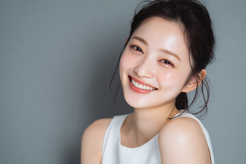 笑顔できらめく綺麗な肌と白い歯を見せる日本人女性美人モデルの接写写真。オーラルケア、スキンケア、コスメ広告用。