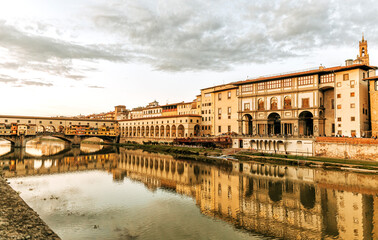Ponte Vecchio and Arno river at sunset, Florence.