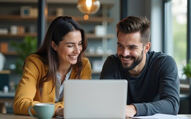 Professional collaboration in comfy environment. Happy smiling pair of diverse businesspeople startup developers project creators work together in glass cabin of modern coworking area using notebook