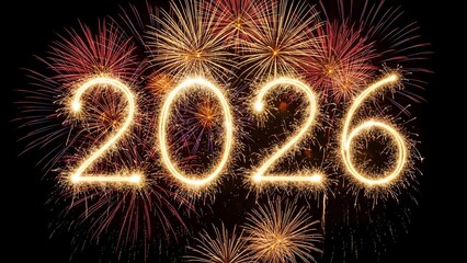 Golden numbers of 2026 formed by sparklers against a black background
