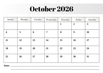 Minimalist October 2026 calendar vector design with a clear weekly layout and modern styling