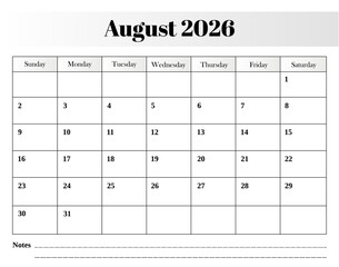 August 2026 monthly calendar vector design featuring a clean, minimal grid layout with clearly labeled weekdays and a notes section