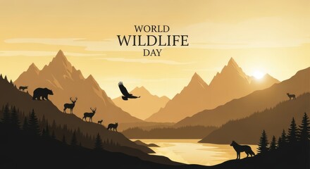 World wildlife day celebration with diverse animals and majestic mountains at sunrise, promoting conservation and environmental awareness