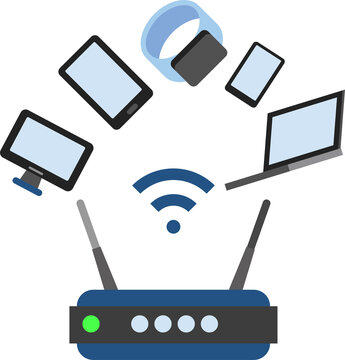 Wireless router connects multiple devices, including smartphones, tablets, laptop, smartwatch via wifi signal.
